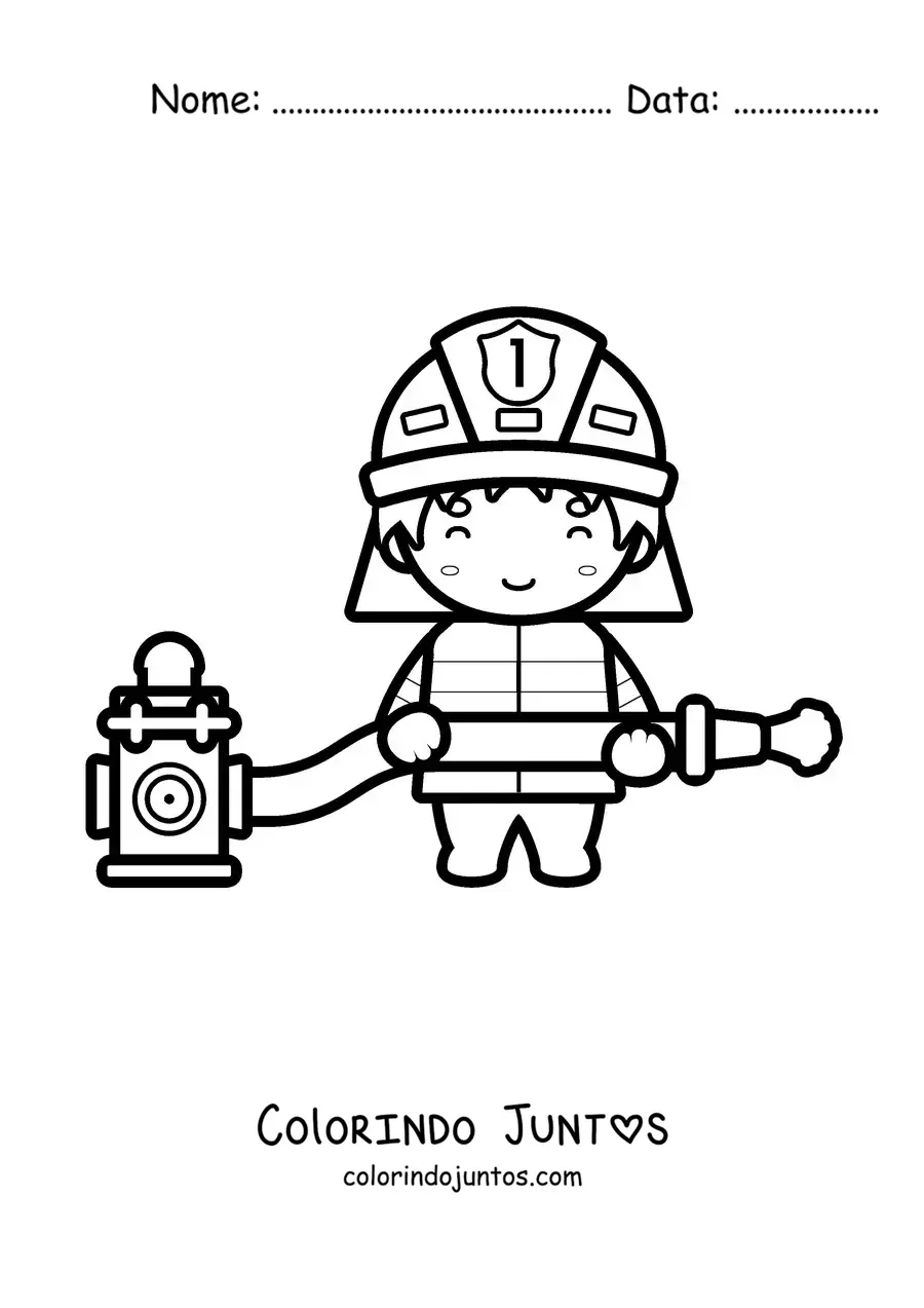 Desenho para colorir de um bombeiro kawaii com uma mangueira