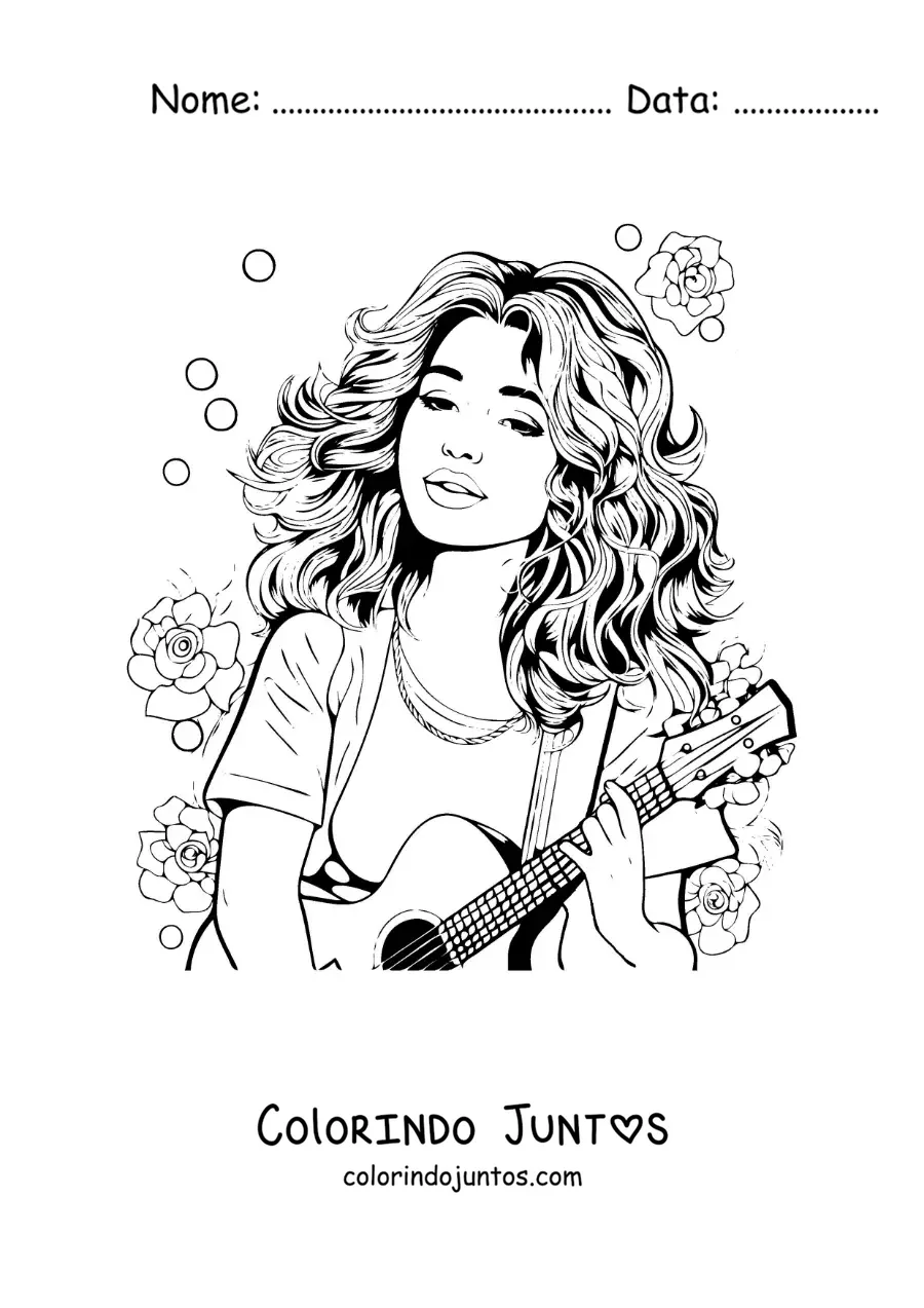 Desenho para colorir de caricatura de Selena Gomez com um violao e flores