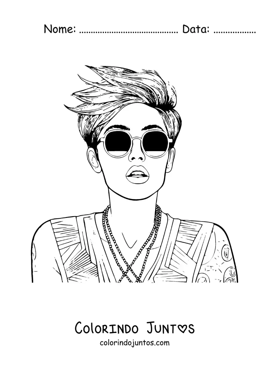 Desenho para colorir de Miley Cyrus animada com oculos de sol e cabelo curto