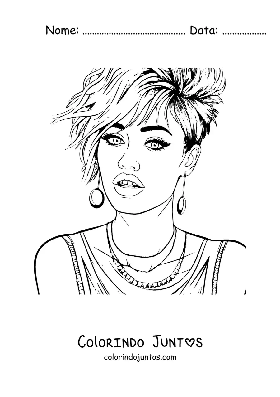 Desenho para colorir de Miley Cyrus animada com penteado curto