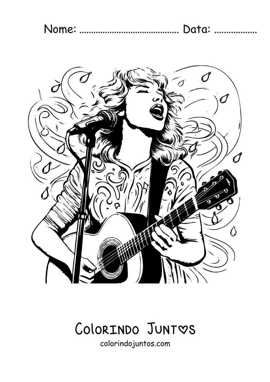 Desenho para colorir de caricatura de Taylor Swift cantando com um violao
