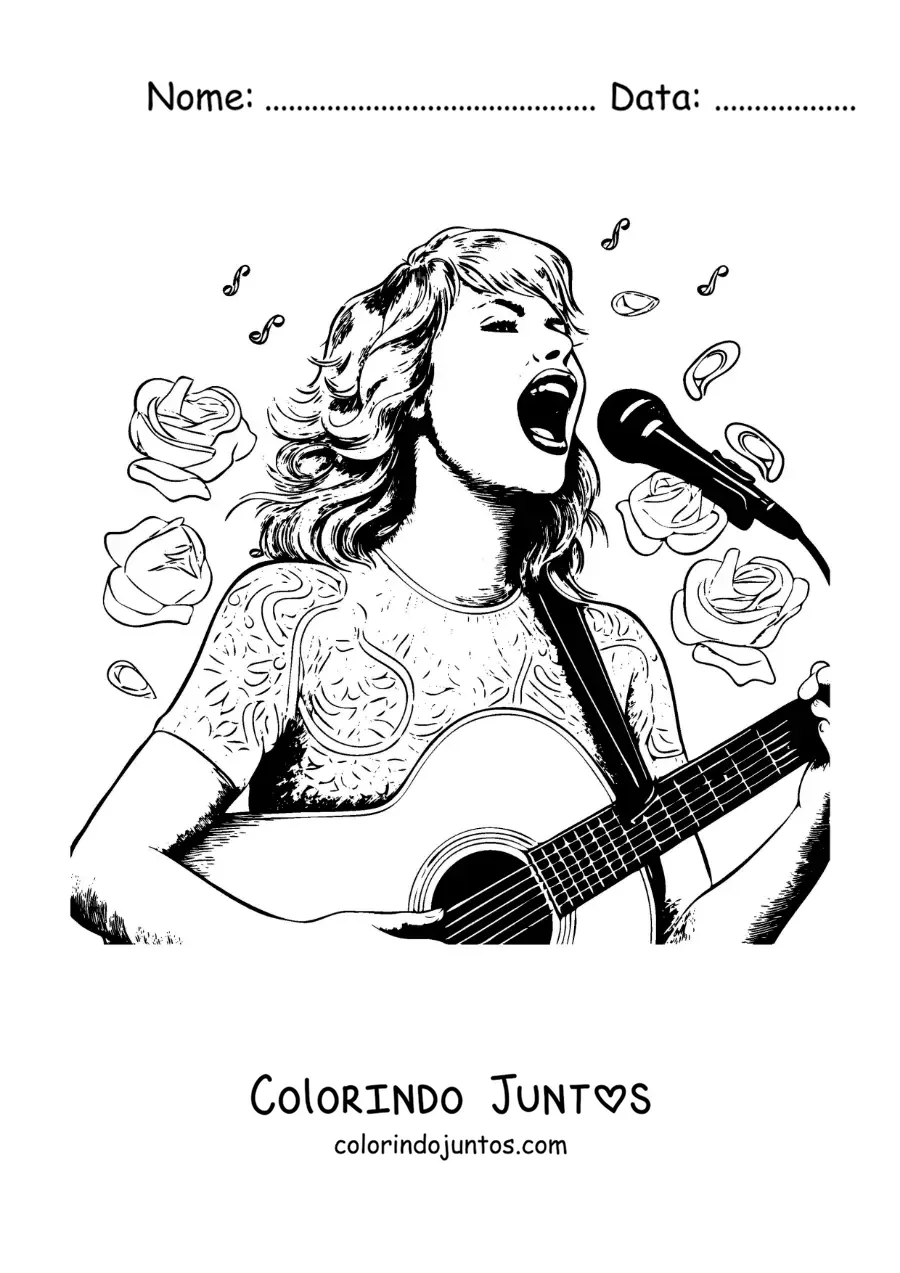 Desenho para colorir de Taylor Swift animada cantando com um violao