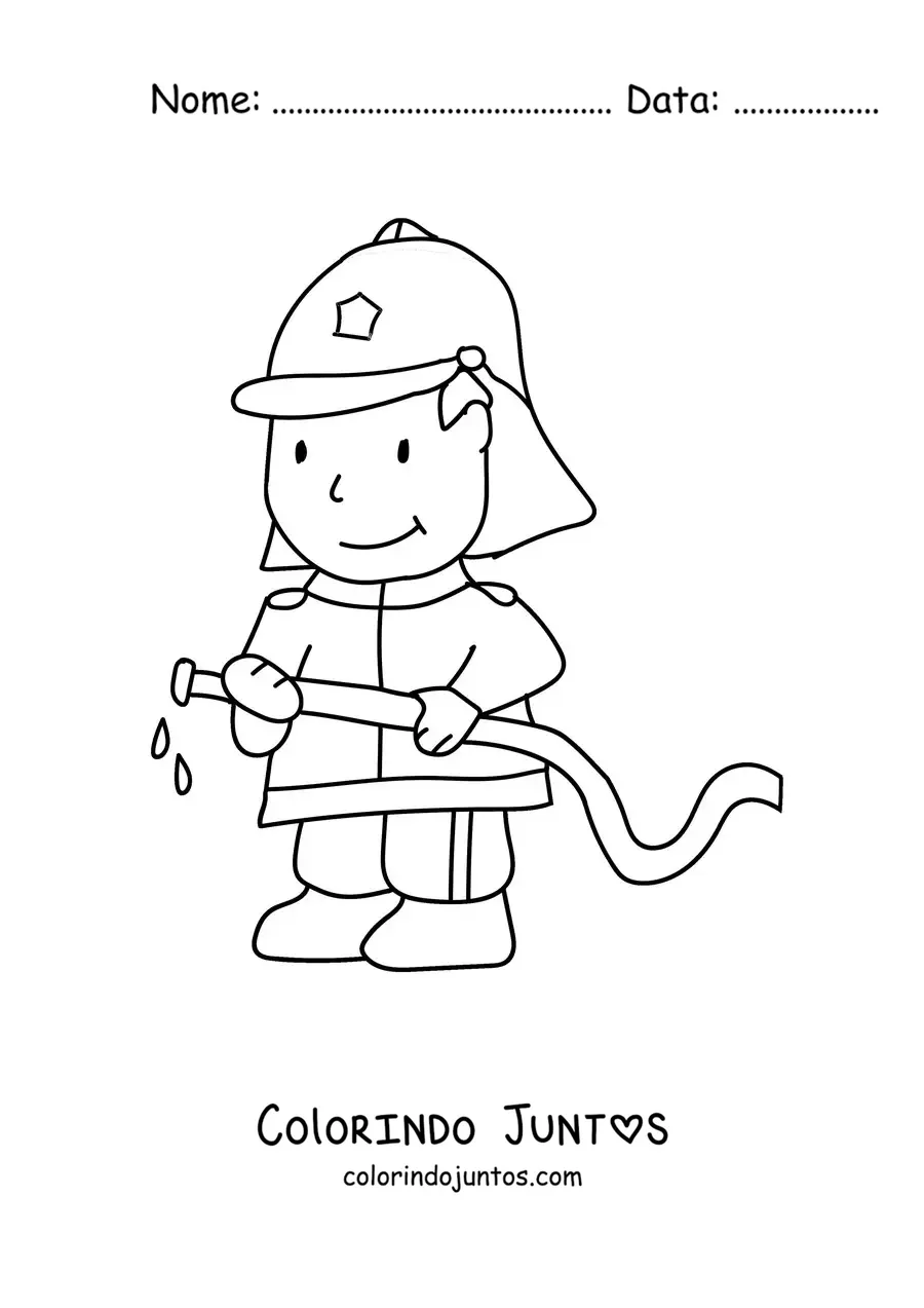 Desenho para colorir de um bombeiro animado sorridente