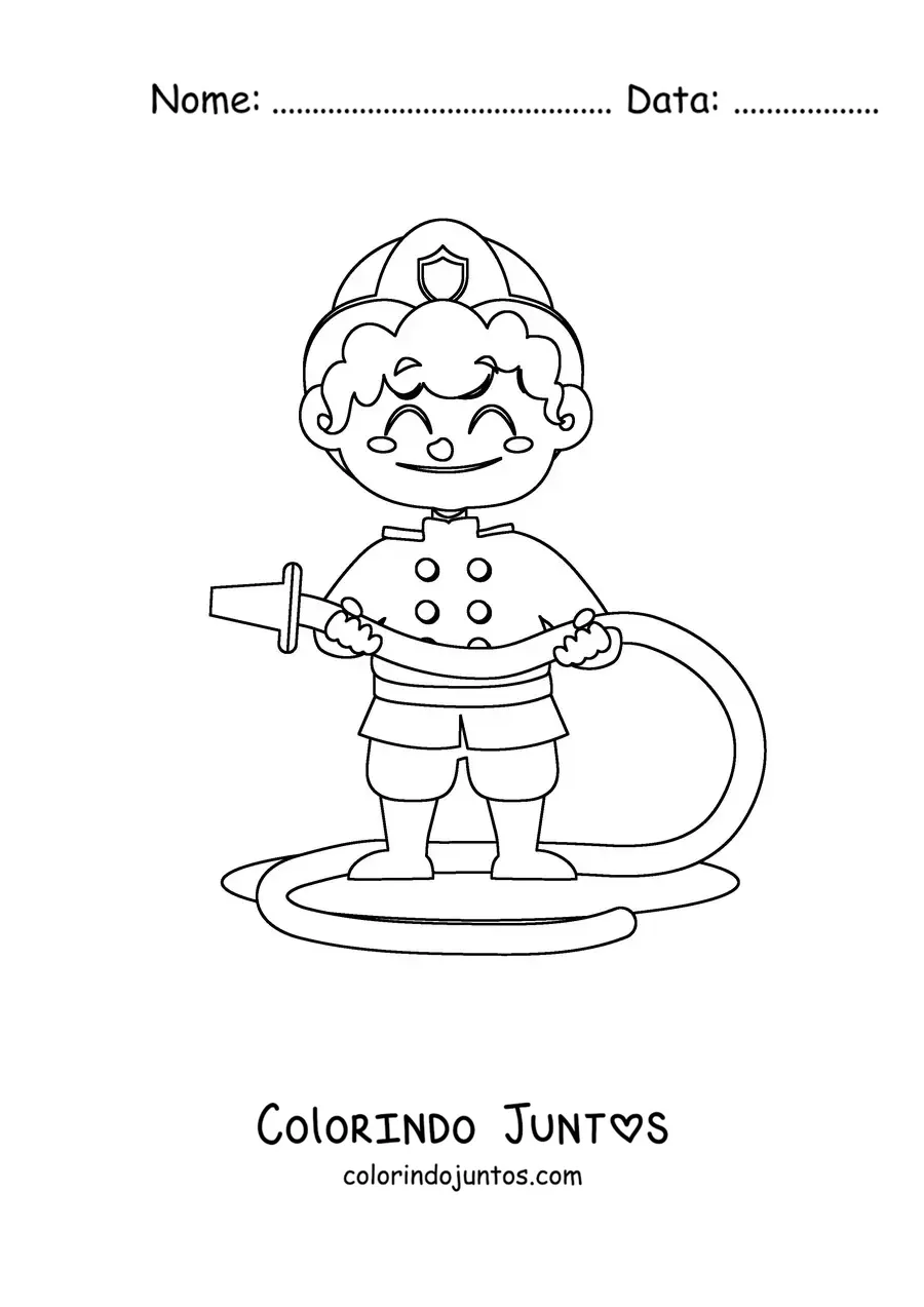Desenho para colorir de um menino bombeiro com mangueira