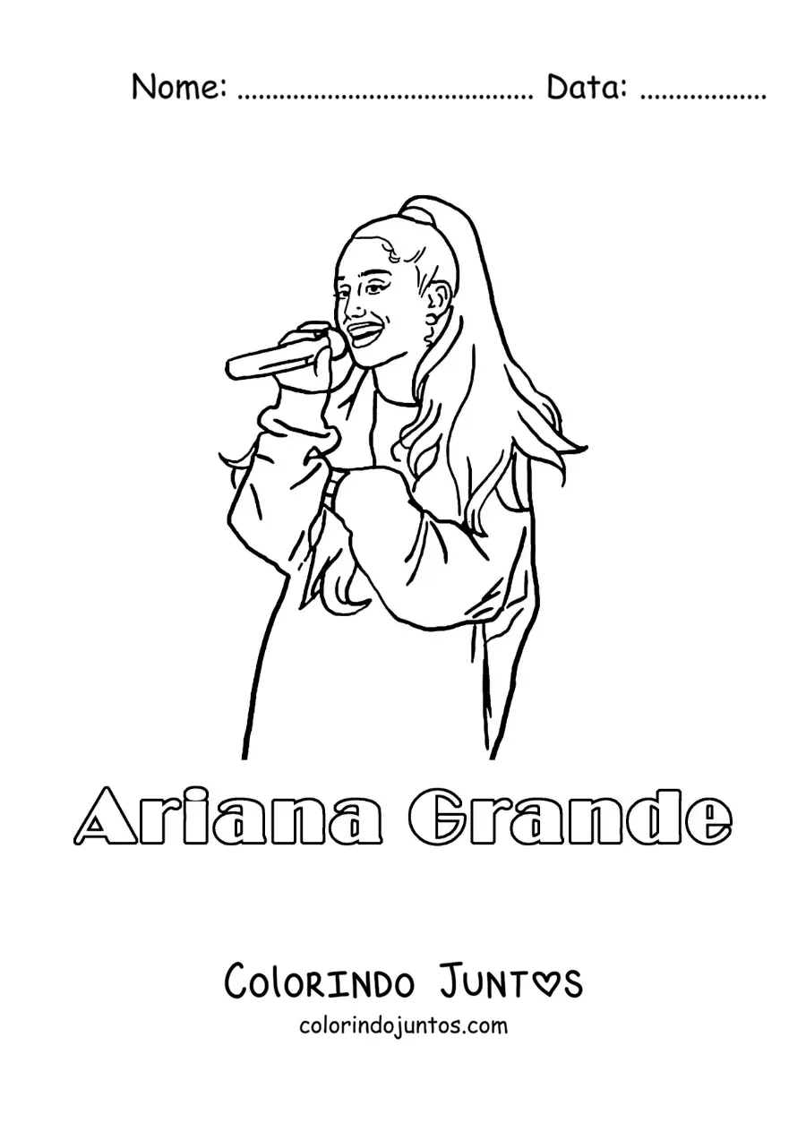 Desenho para colorir de um retrato de Ariana Grande animada cantando com o nome dela