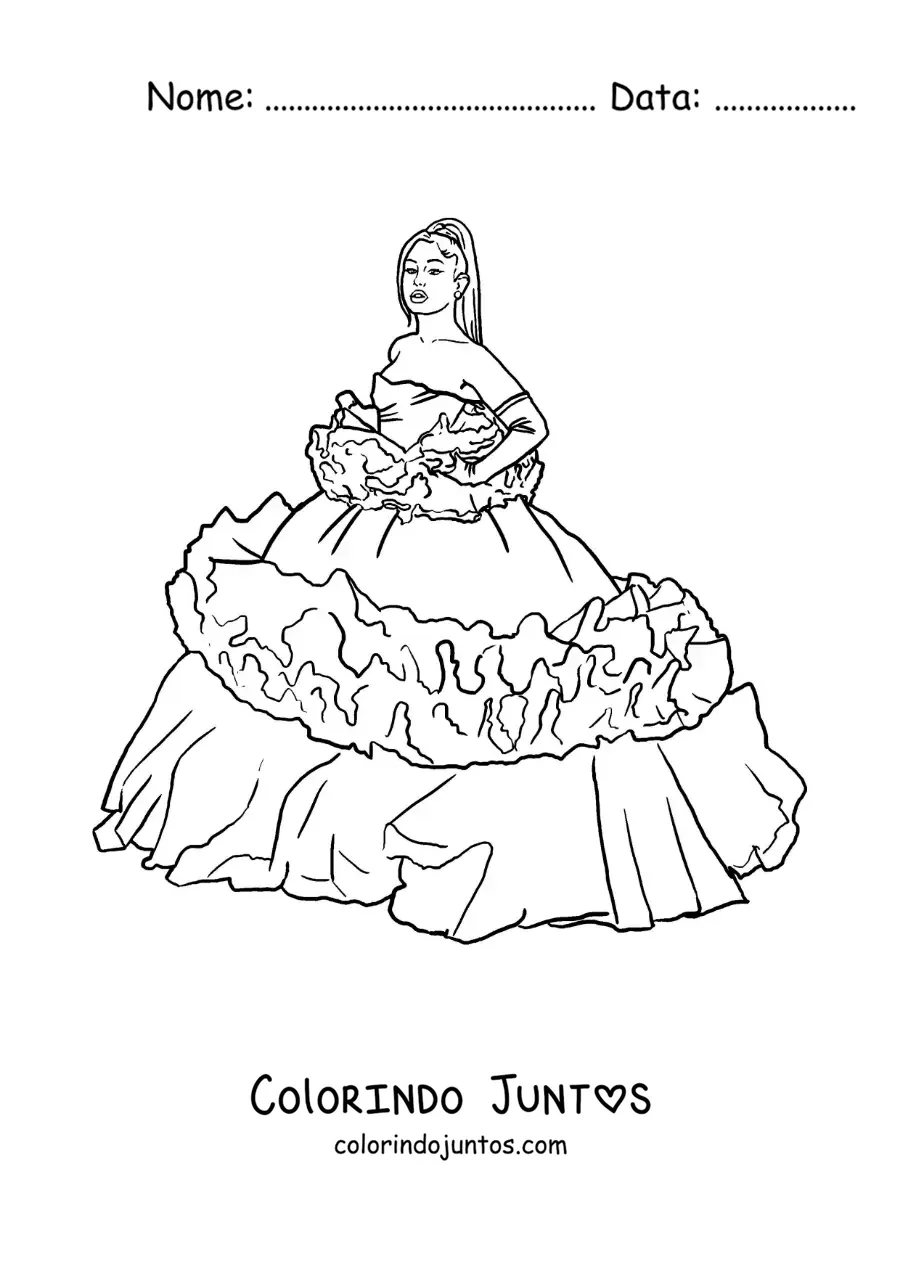 Desenho para colorir de Ariana Grande animada com um lindo vestido