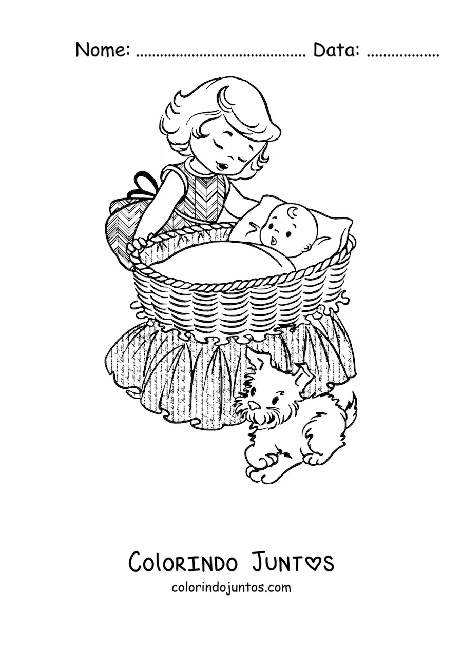 Desenho para colorir de uma menina e um cachorro junto a um bebê em um berço