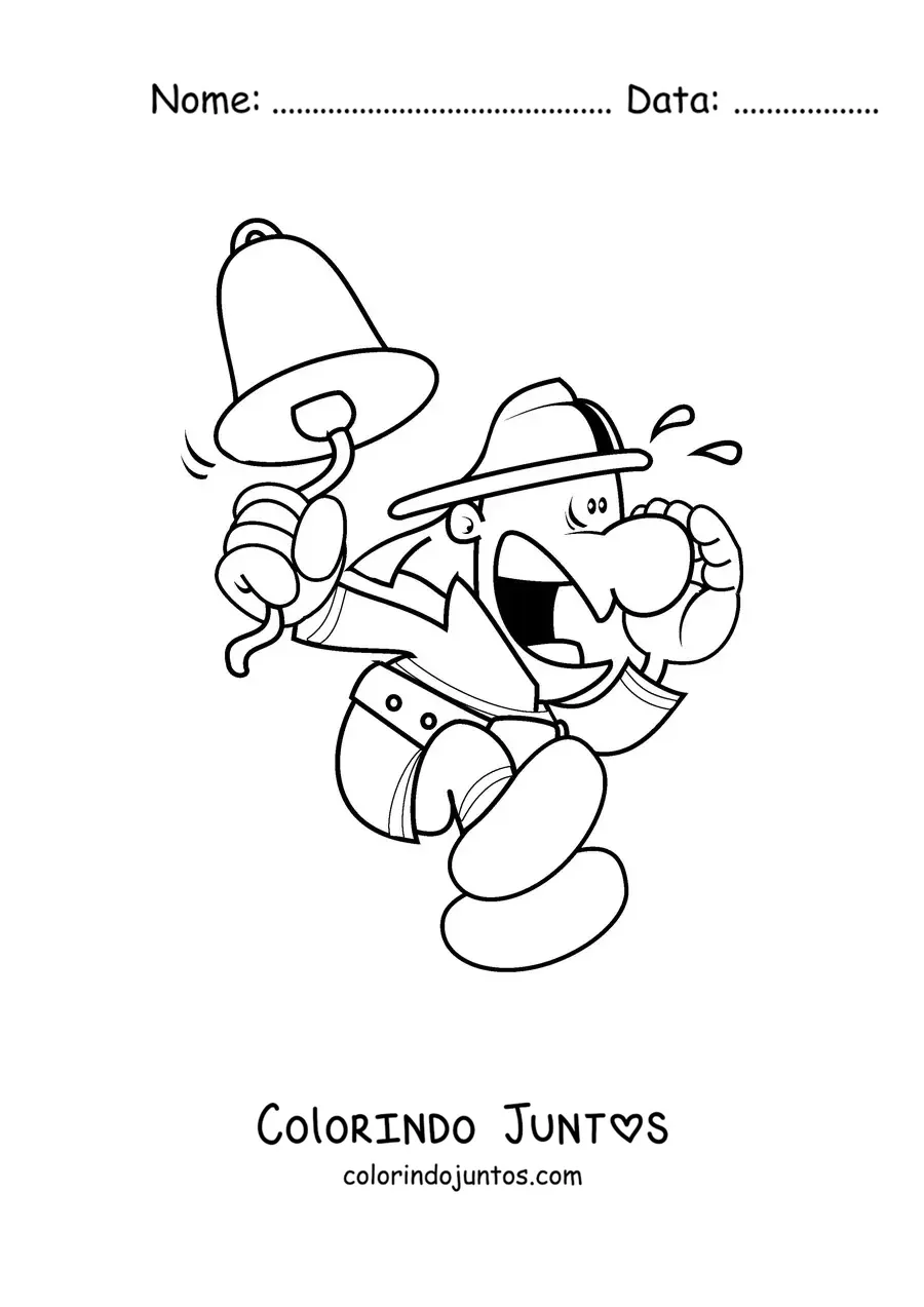 Desenho para colorir de uma caricatura de um bombeiro em alerta