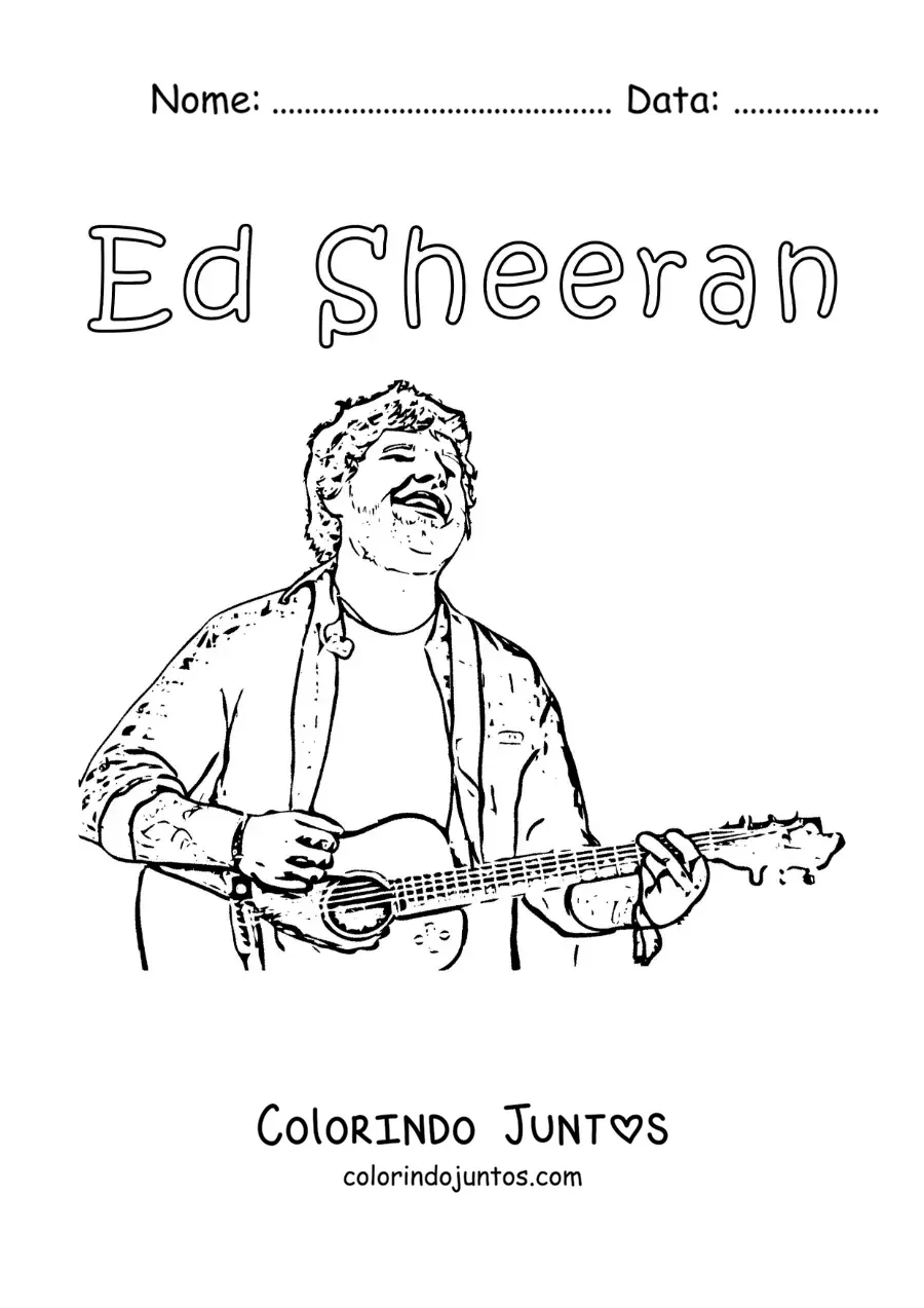 Desenho para colorir de um desenho a lapis de Ed Sheeran animado cantando com um violao