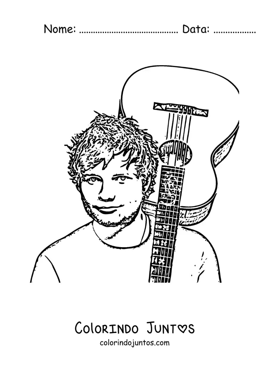 Desenho para colorir de um retrato a lapis de Ed Sheeran com um violao