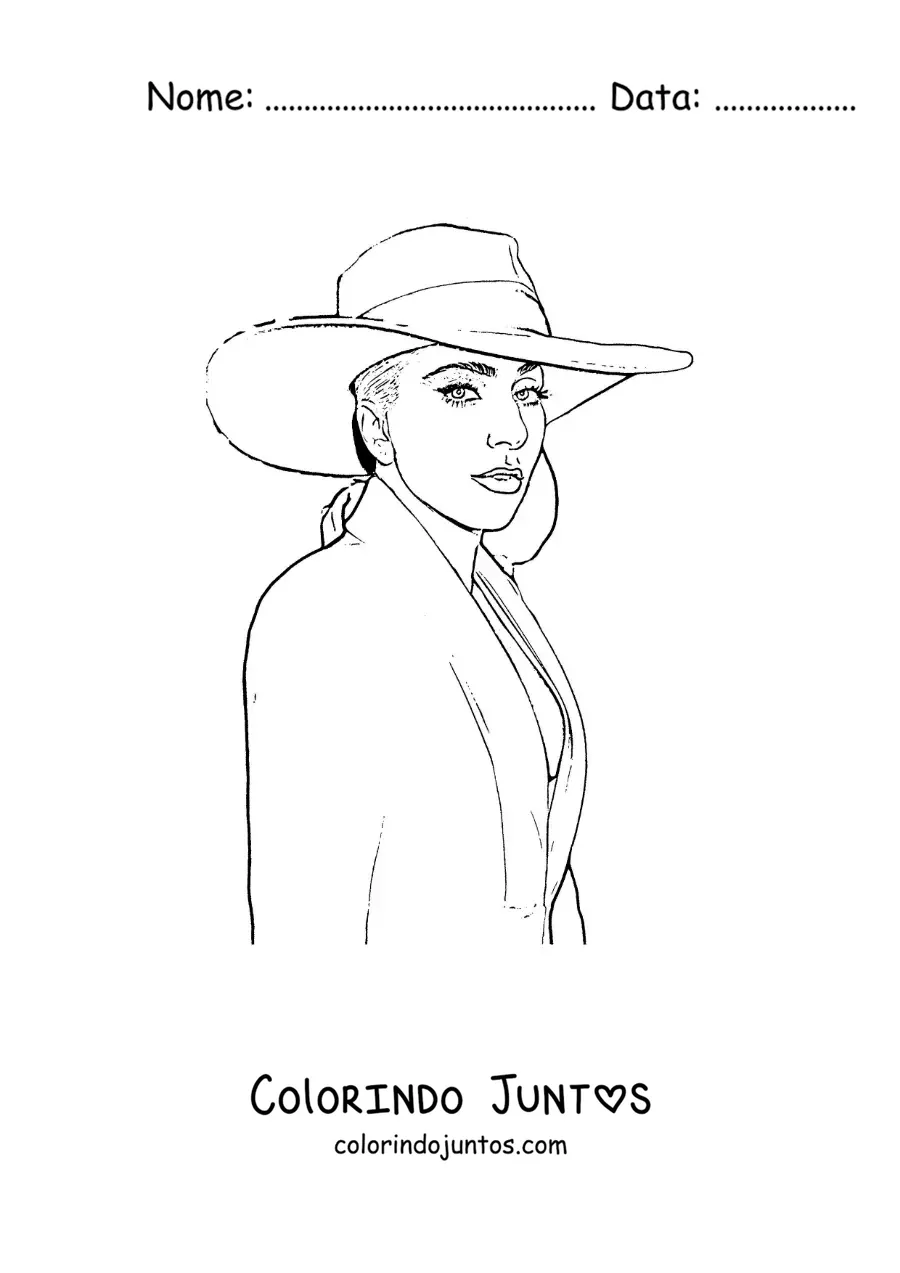Desenho para colorir de um retrato de Lady Gaga animada com chapeu