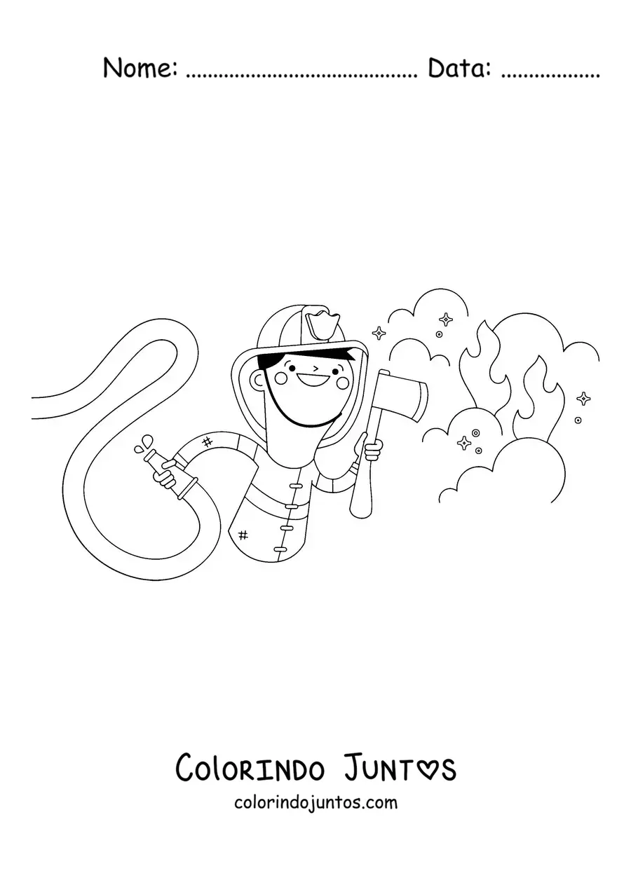 Desenho para colorir de um bombeiro animado em um incêndio