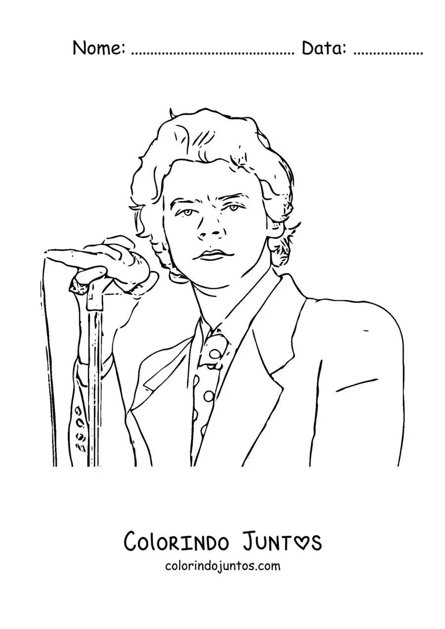 Desenho para colorir de um retrato de Harry Styles cantando com um microfone em estilo realista