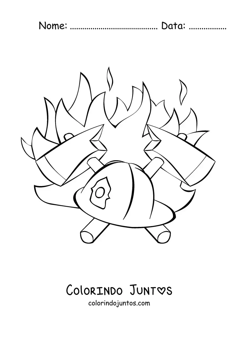 Desenho para colorir de um capacete de bombeiro com dois machados cruzados
