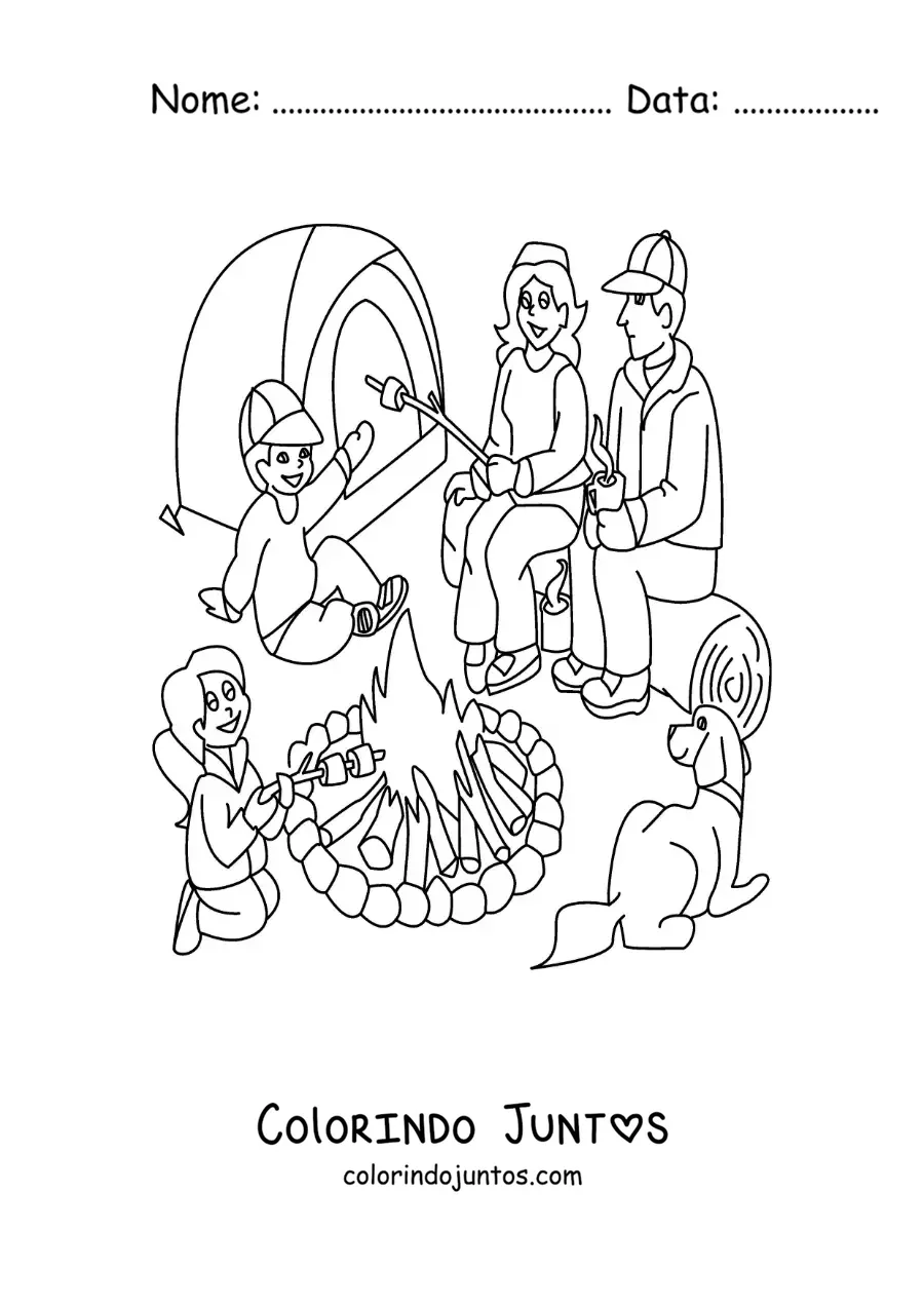 Desenho para colorir de uma familia animada em um acampamento