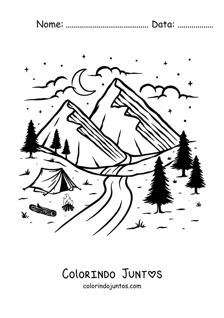 Desenho para colorir de uma barraca junto ao rio e as montanhas