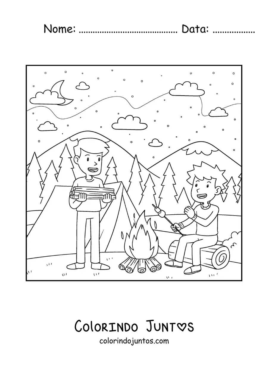 Desenho para colorir de duas criancas assando marshmallows junto a fogueira em um acampamento