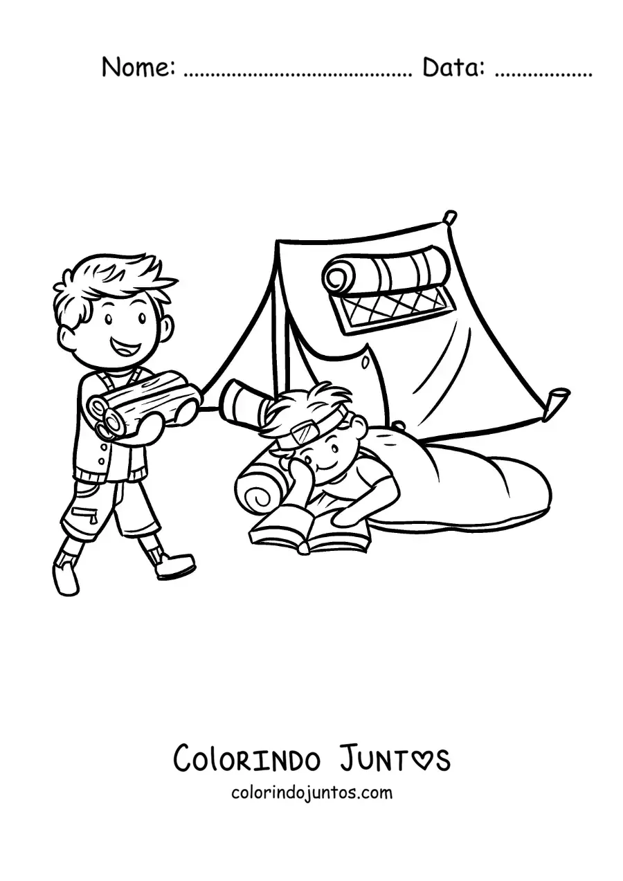 Desenho para colorir de duas criancas lendo junto a fogueira em um acampamento de verao