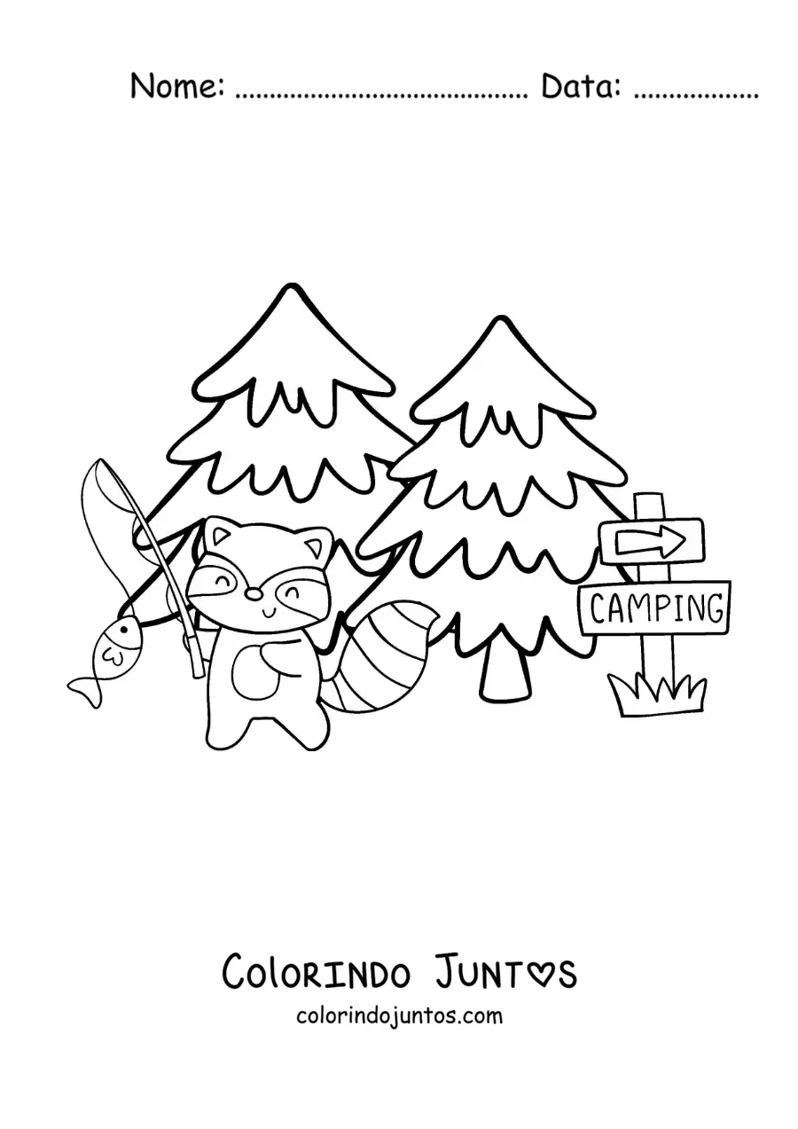 Desenho para colorir de um guaxinim animado pescando em um acampamento na floresta