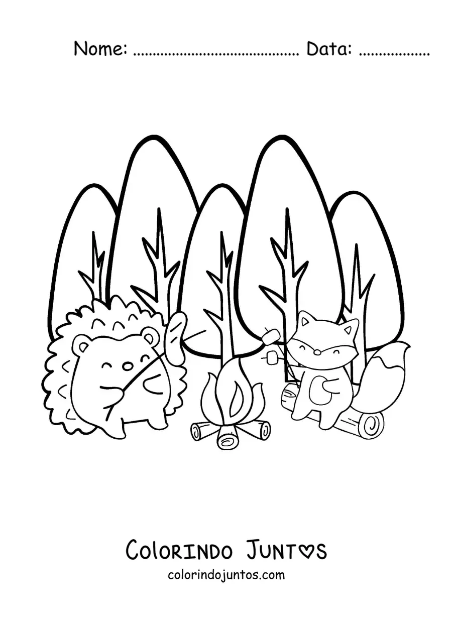 Desenho para colorir de animais kawaii em uma fogueira na floresta
