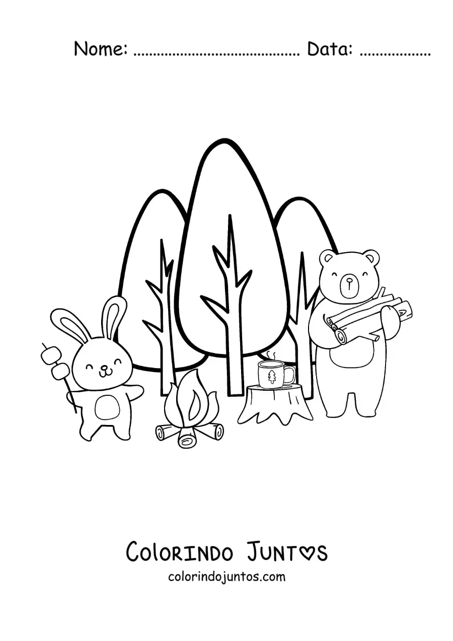 Desenho para colorir de animais animados em uma fogueira na floresta