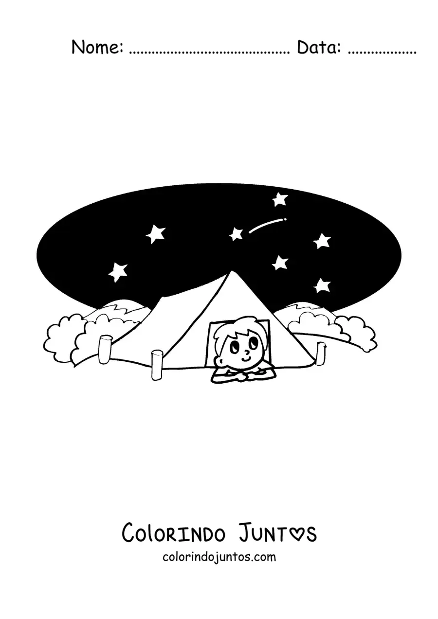 Desenho para colorir de um menino animado acampando à noite