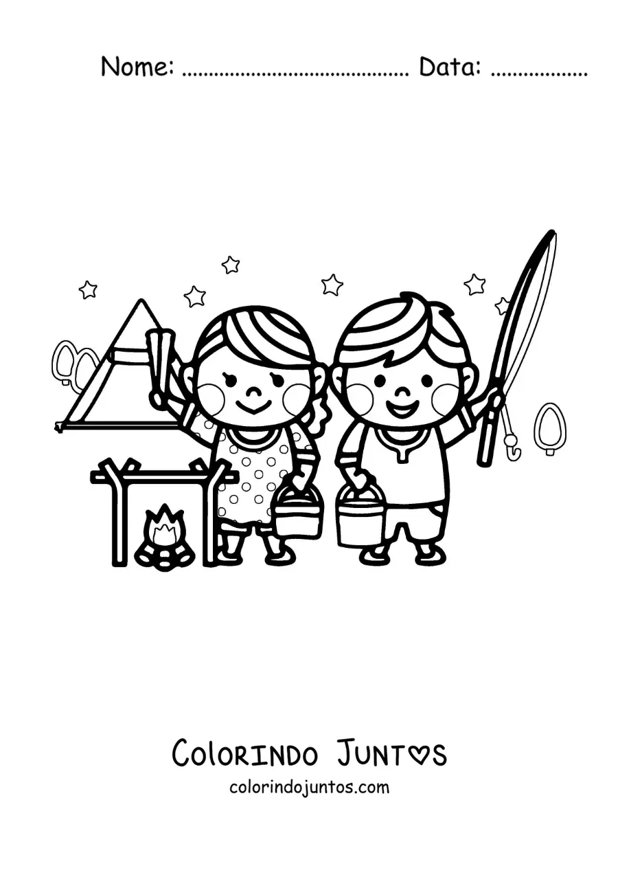 Desenho para colorir de um casal kawaii em um acampamento