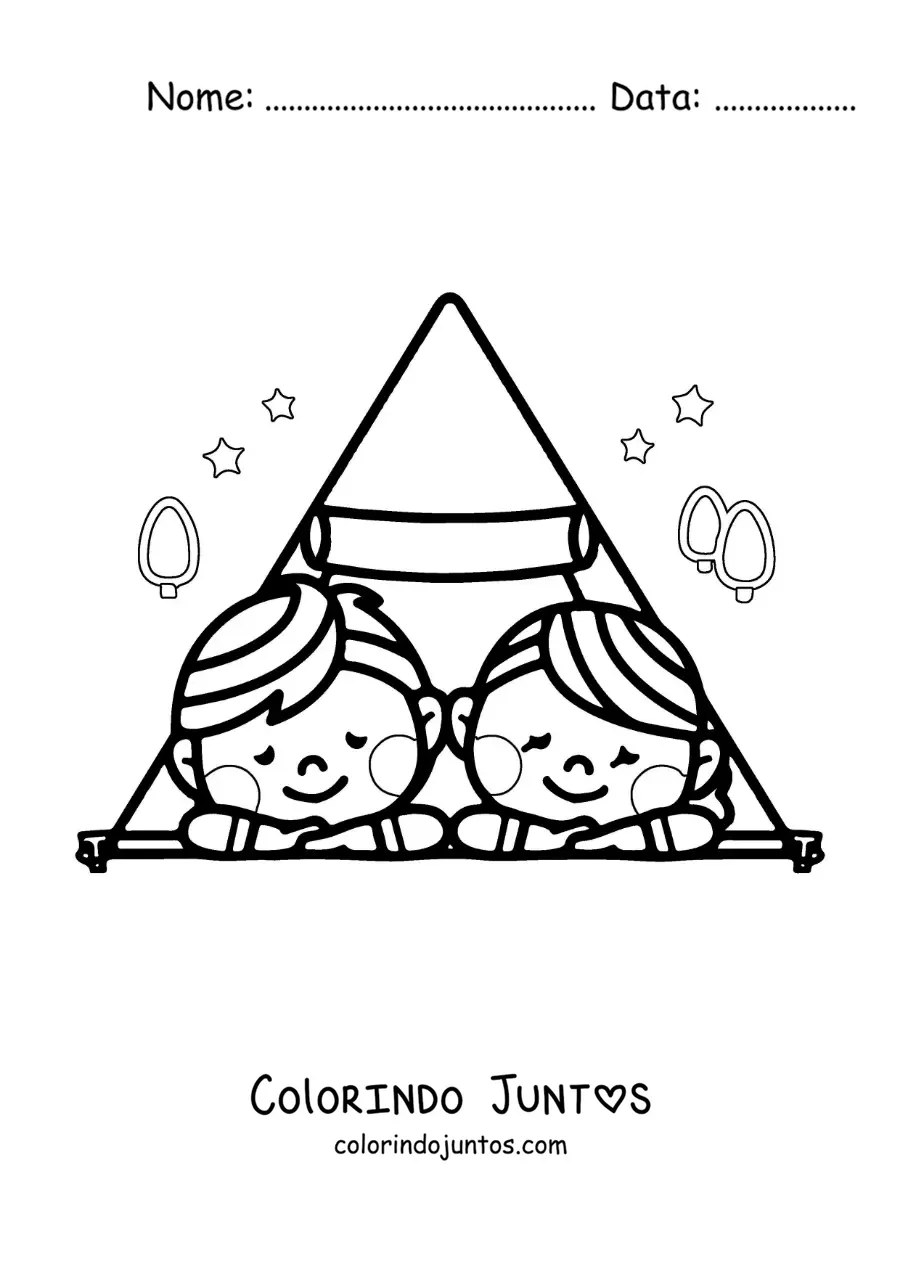 Desenho para colorir de um casal kawaii em uma barraca