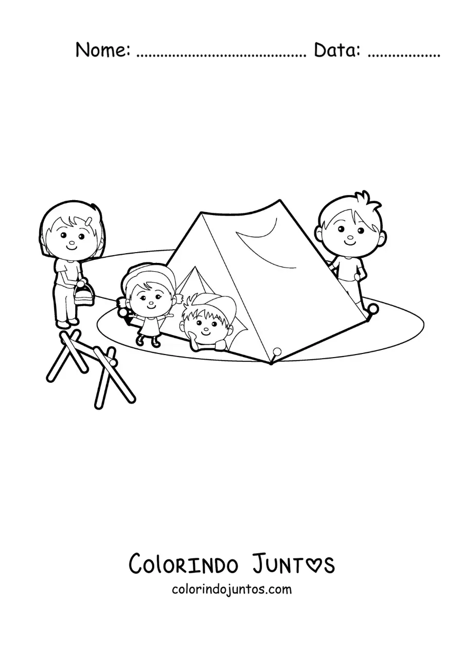 Desenho para colorir de uma familia kawaii em um acampamento