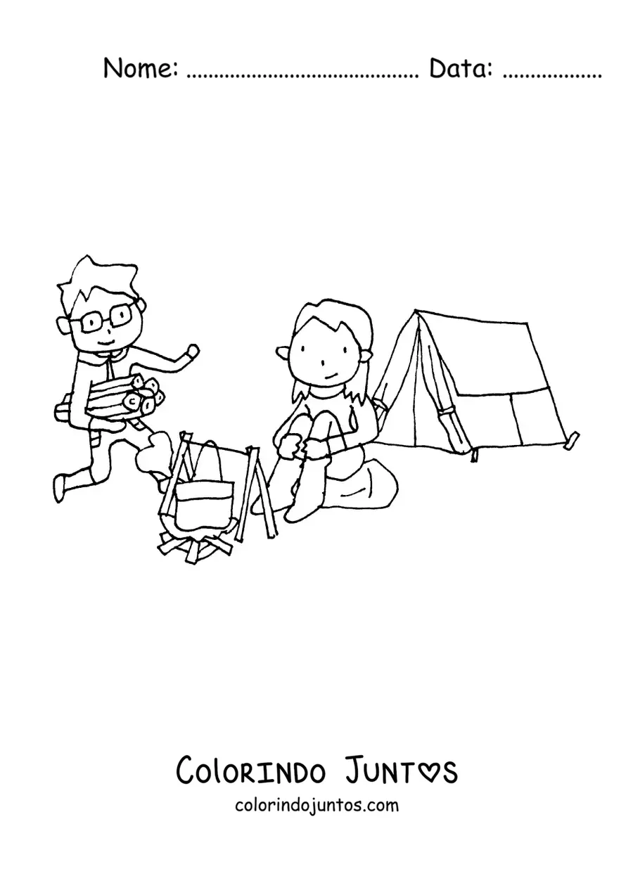 Desenho para colorir de um casal animado em um acampamento