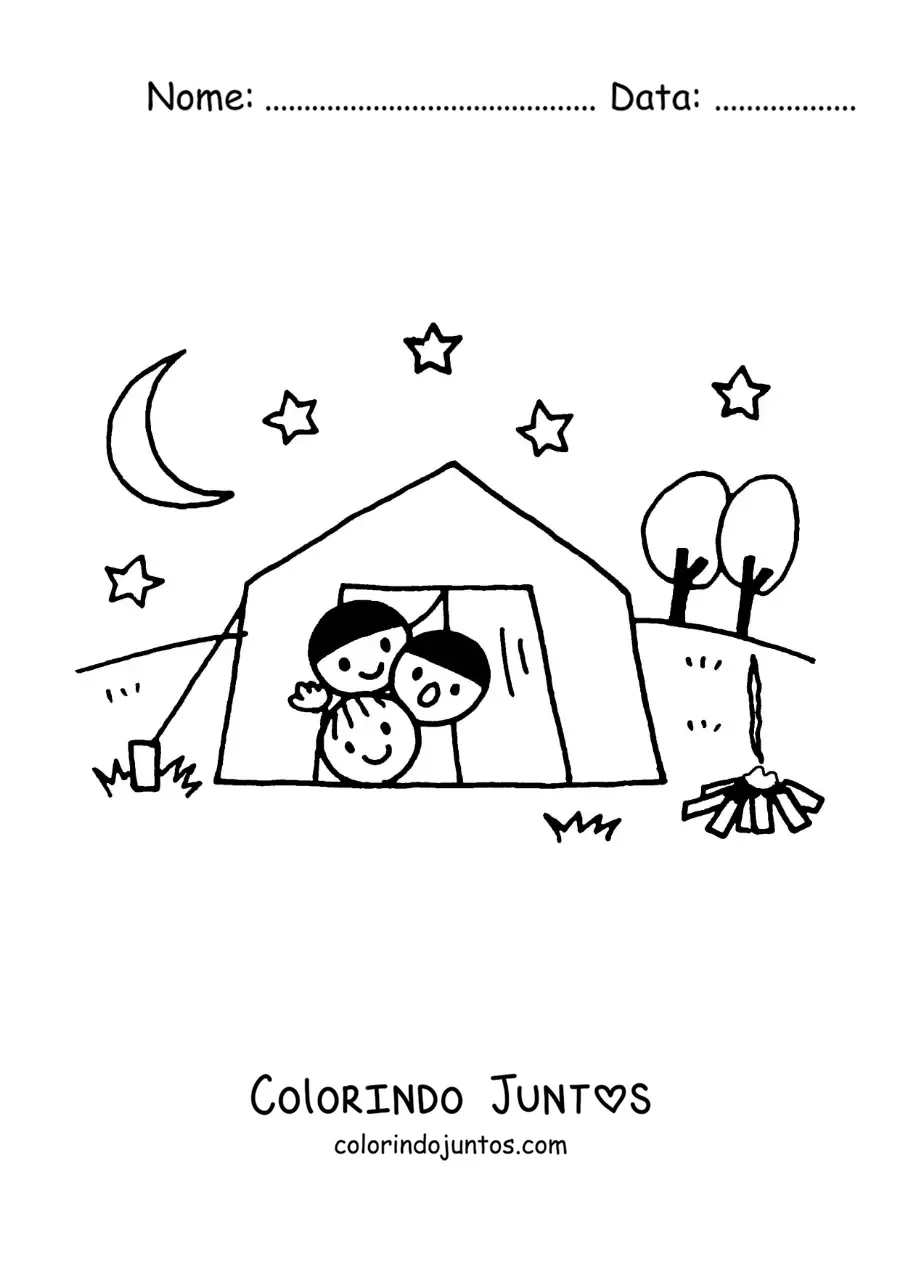 Desenho para colorir de criancas na barraca em um acampamento