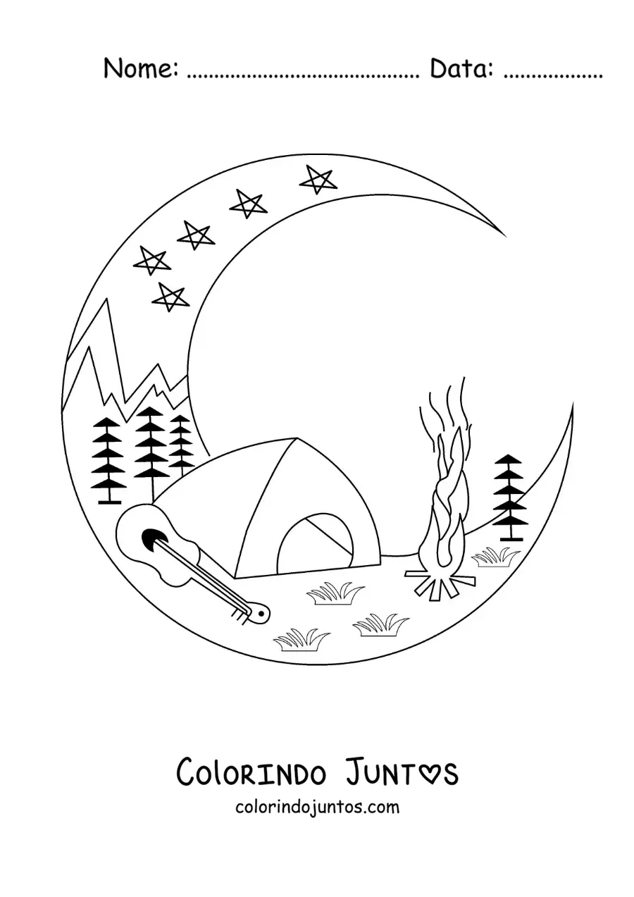 Desenho para colorir de um acampamento a noite
