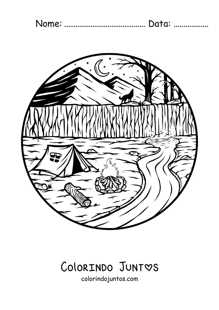 Desenho para colorir de um acampamento junto ao rio