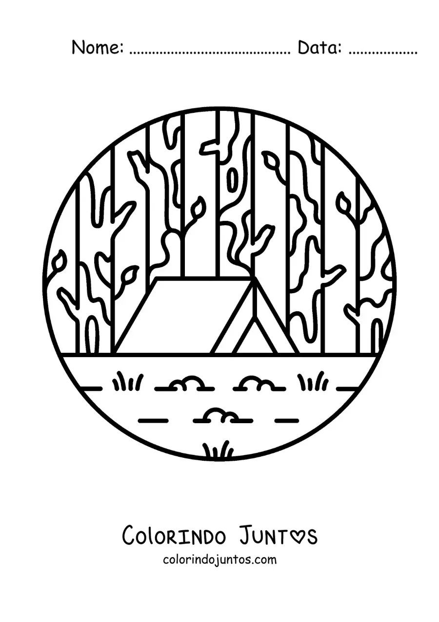 Desenho para colorir de uma barraca na floresta