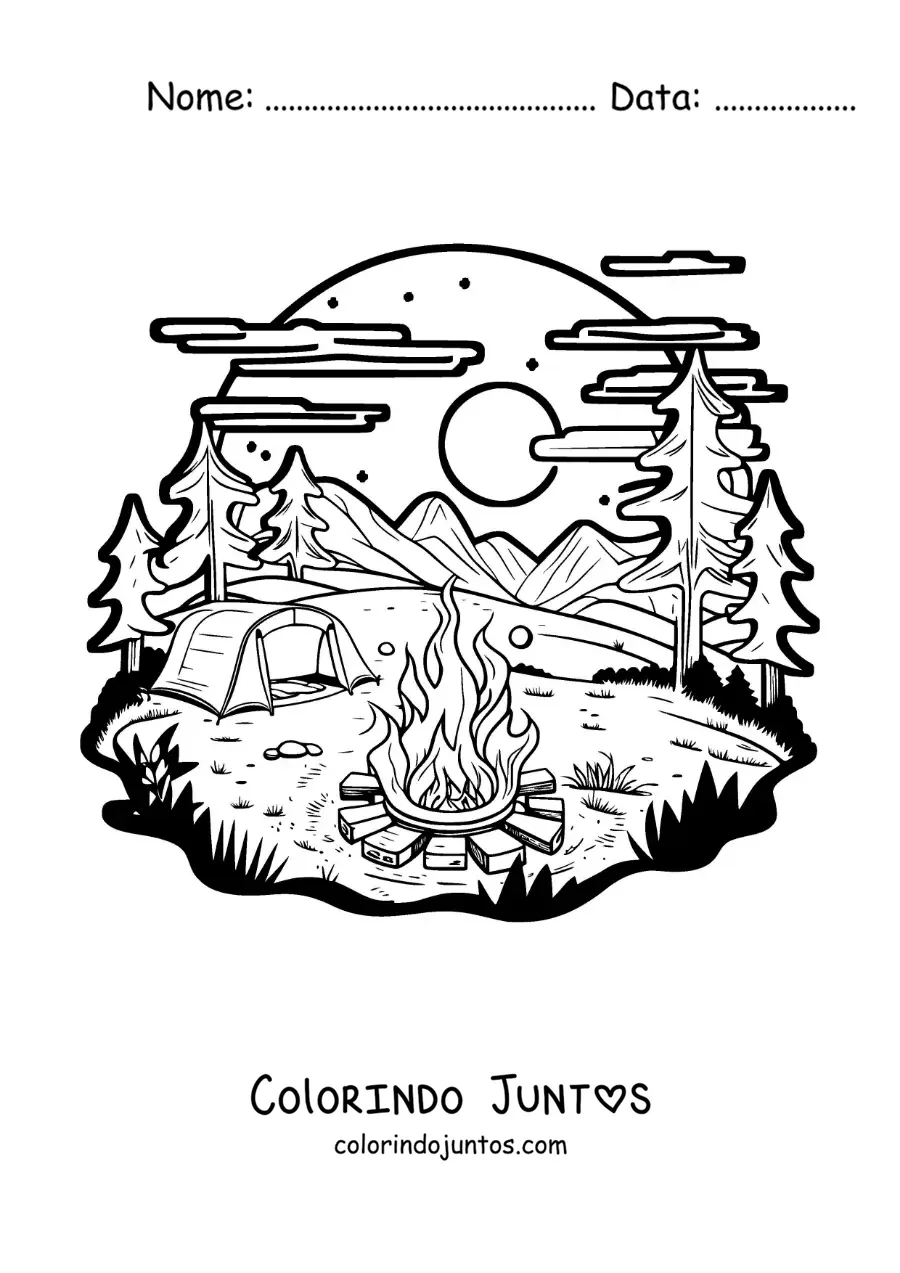 Desenho para colorir de uma barraca na floresta junto a uma fogueira
