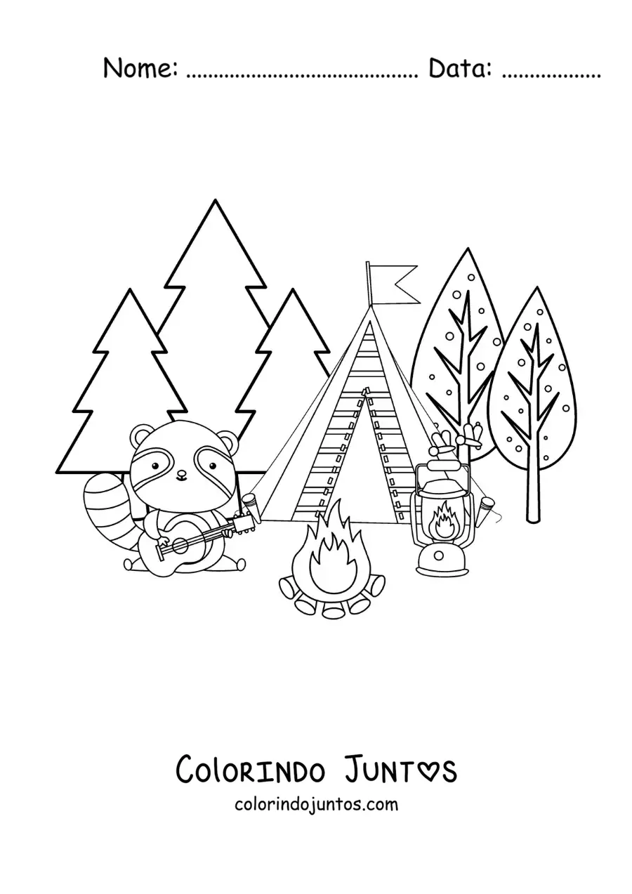 Desenho para colorir de um guaxinim animado acampando na floresta