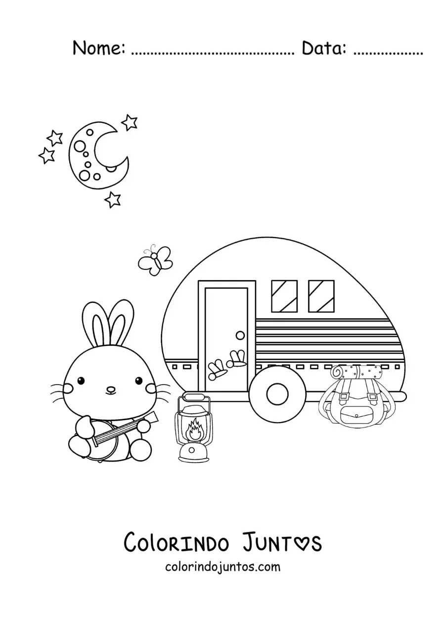 Desenho para colorir de um coelho animado acampando em um trailer