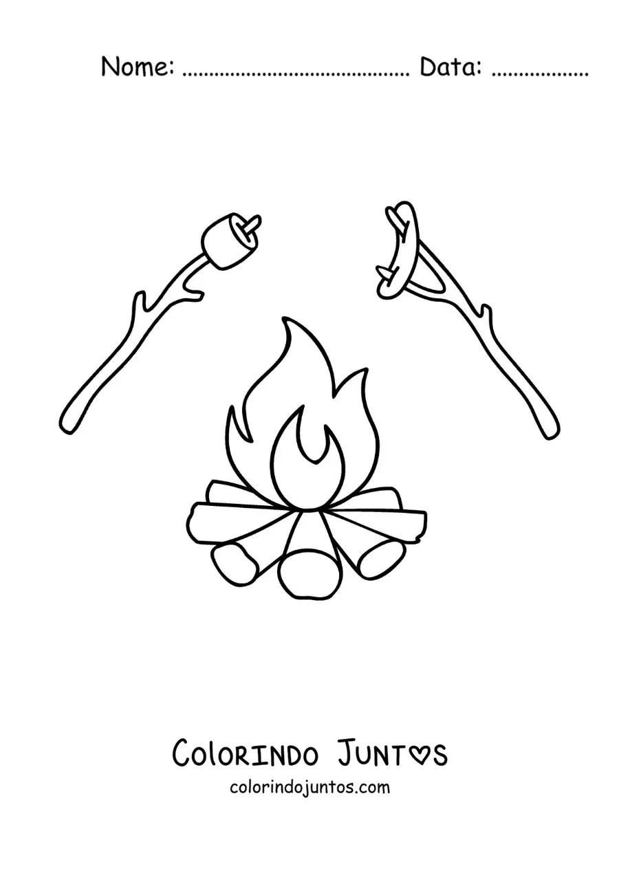 Desenho para colorir de uma fogueira com marshmallows e salsichas