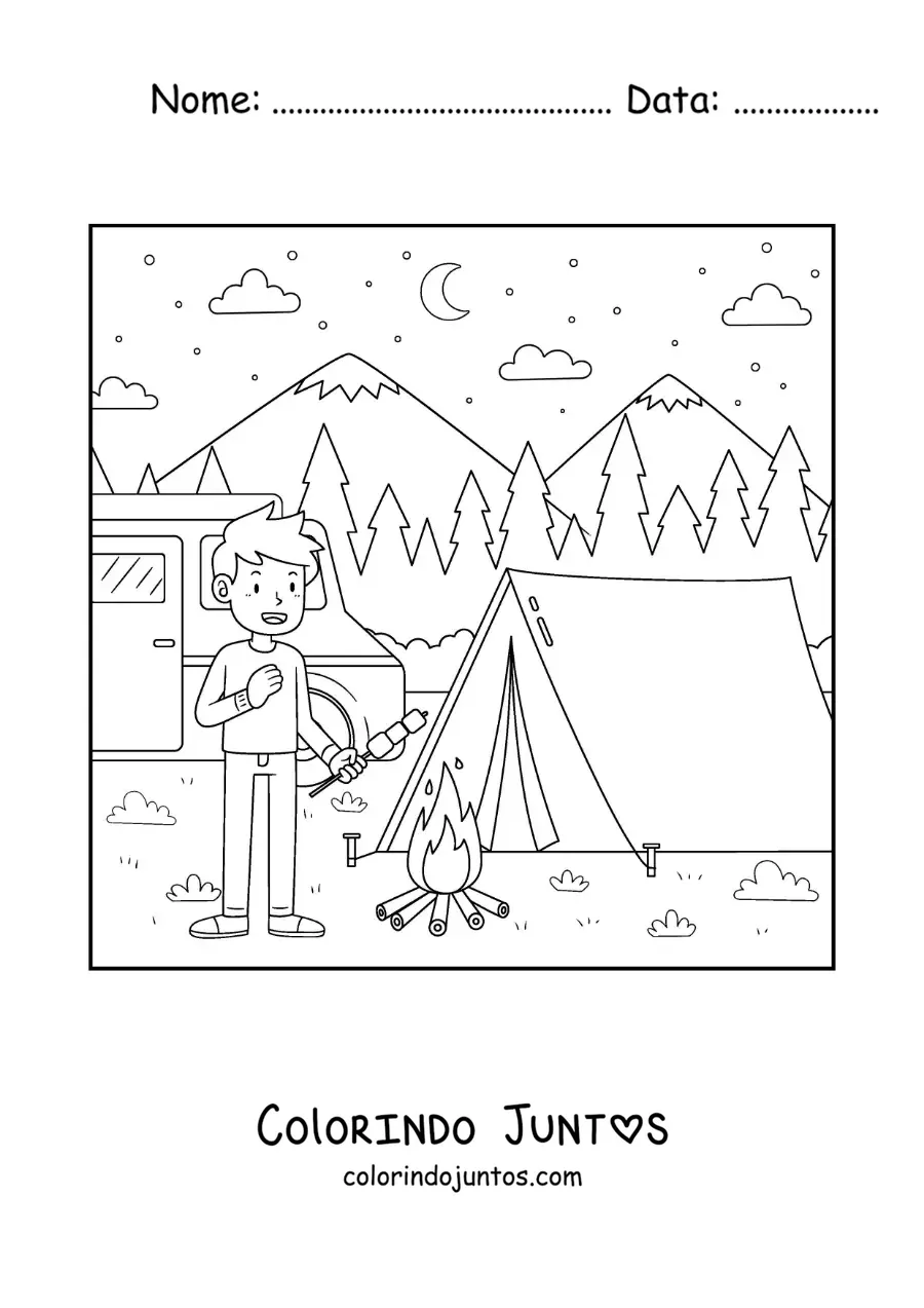 Desenho para colorir de um menino acampando comendo marshmallows junto a uma fogueira