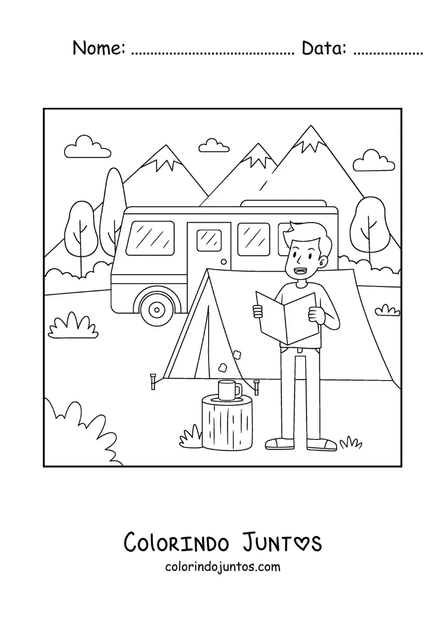 Desenho para colorir de um menino animado lendo um mapa em um acampamento