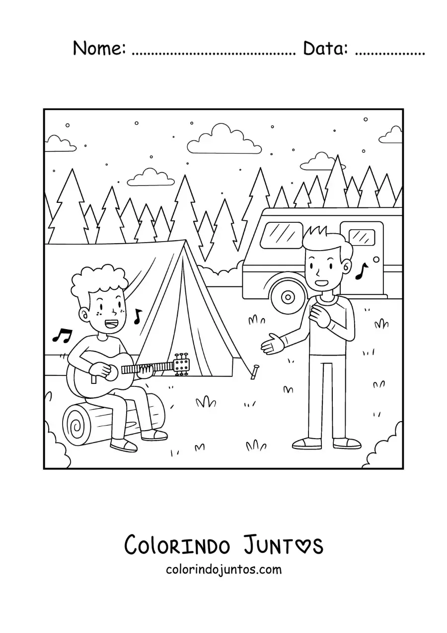 Desenho para colorir de duas criancas com um violao cantando em um acampamento