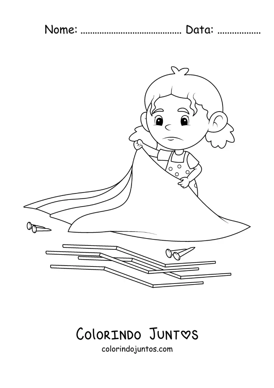 Desenho para colorir de uma menina montando uma barraca