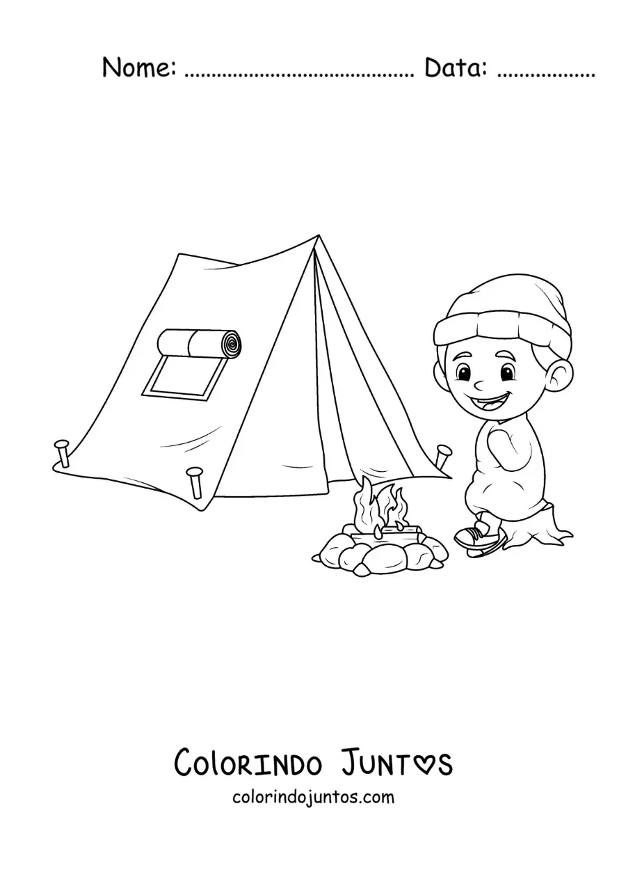 Desenho para colorir de um menino com frio em um acampamento