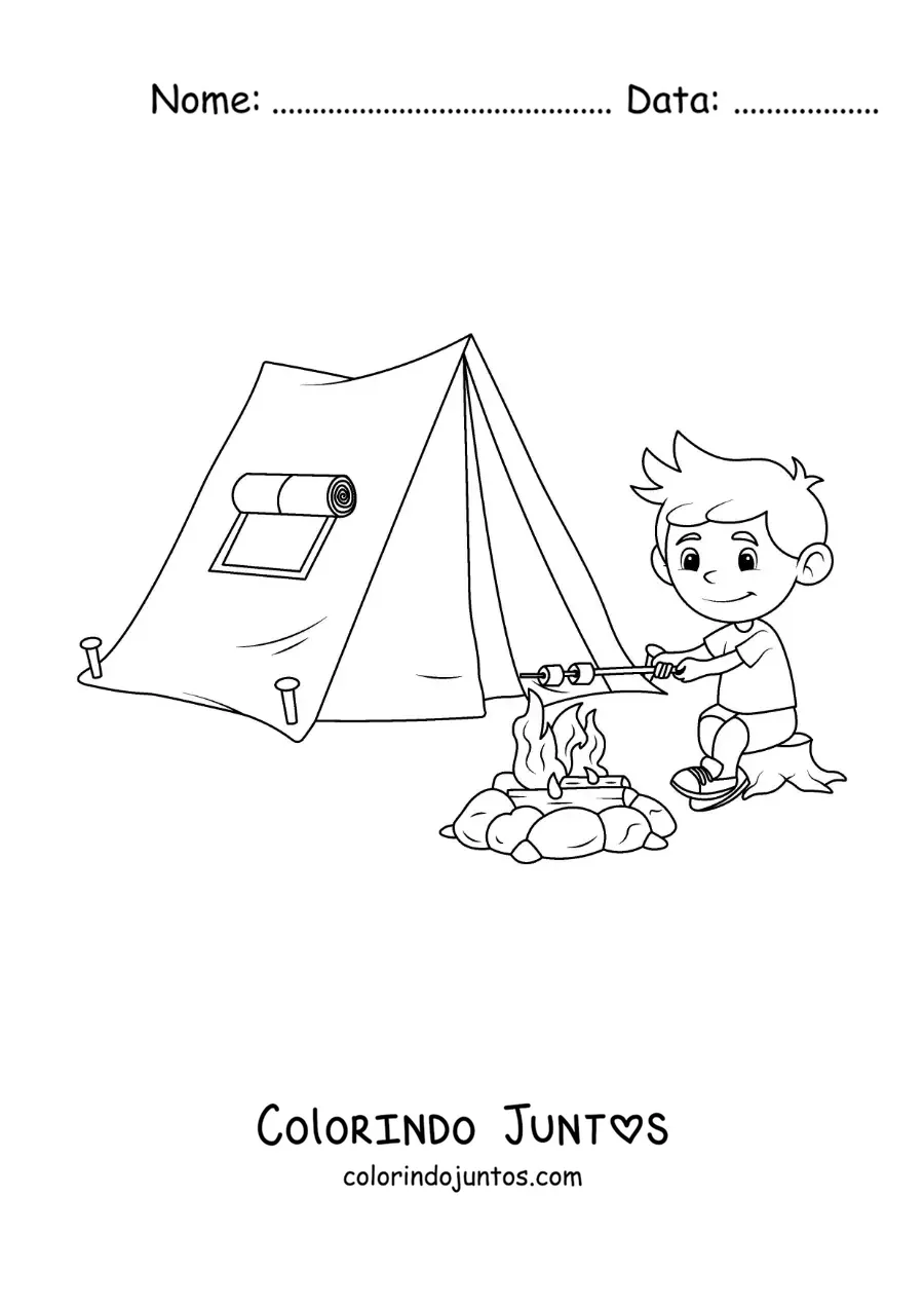 Desenho para colorir de um menino assando marshmallows junto a uma barraca