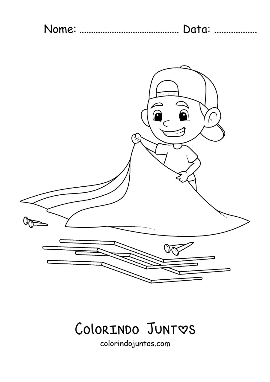 Desenho para colorir de um menino montando uma barraca