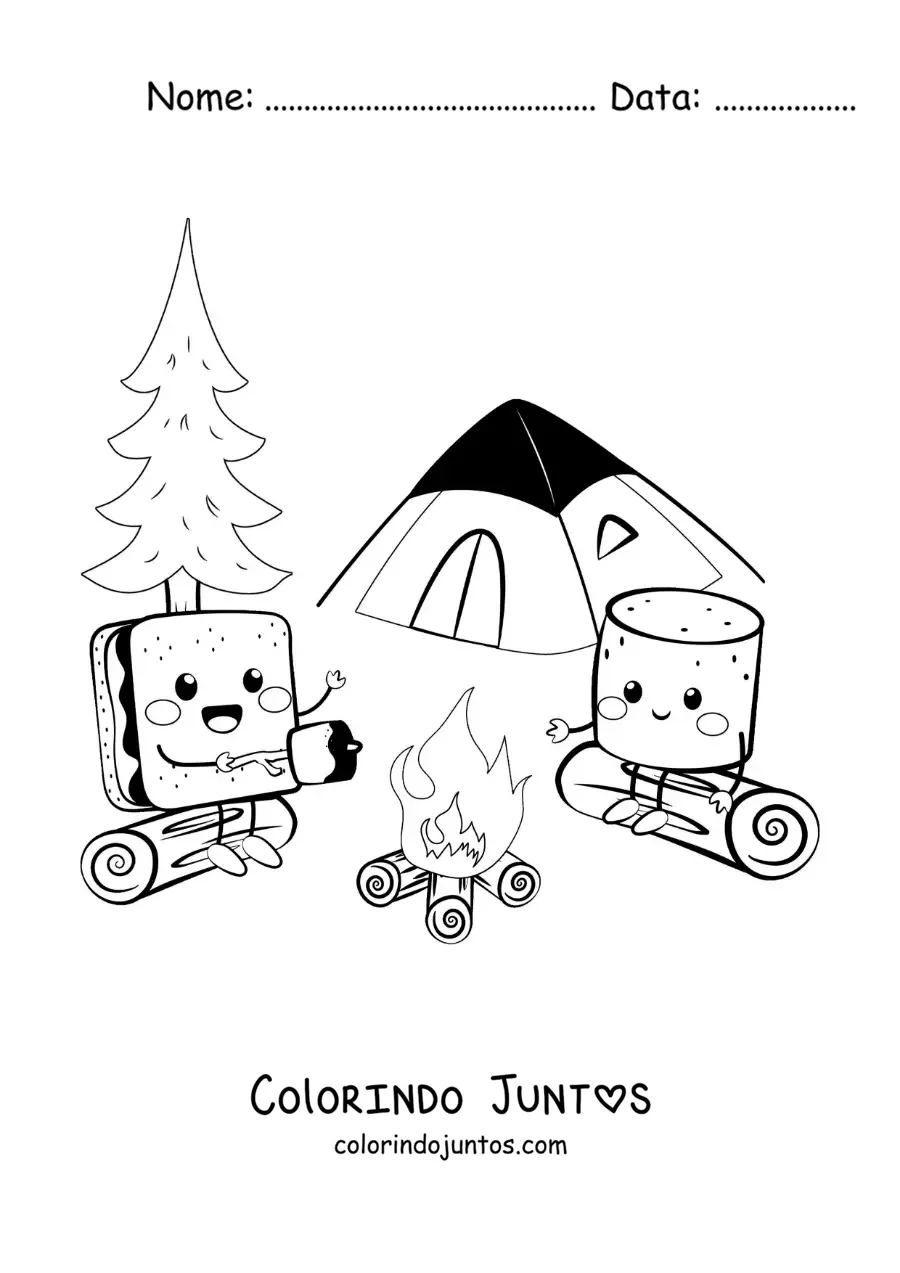 Desenho para colorir de dois marshmallows kawaii animados em um acampamento