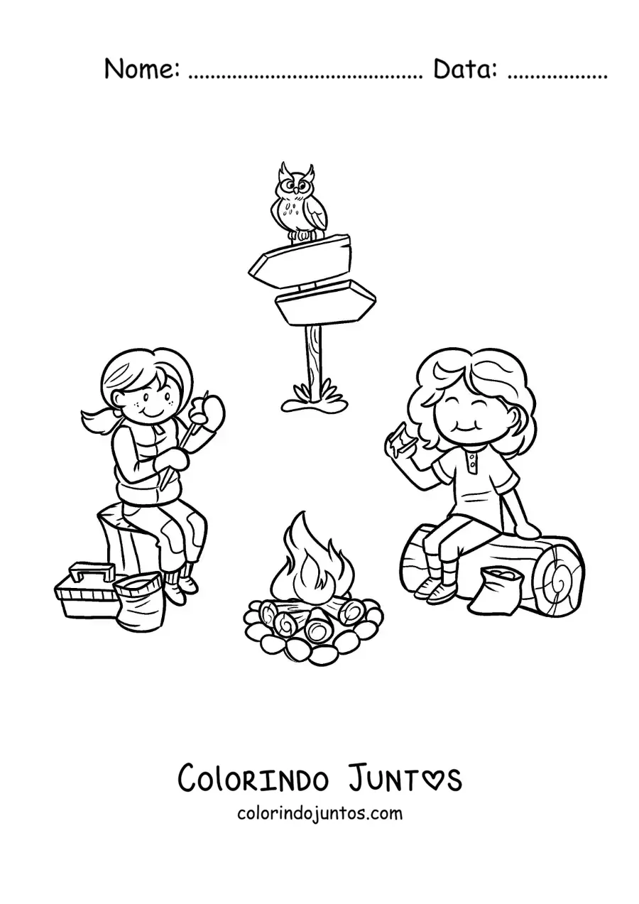 Desenho para colorir de duas meninas comendo marshmallows junto a uma fogueira