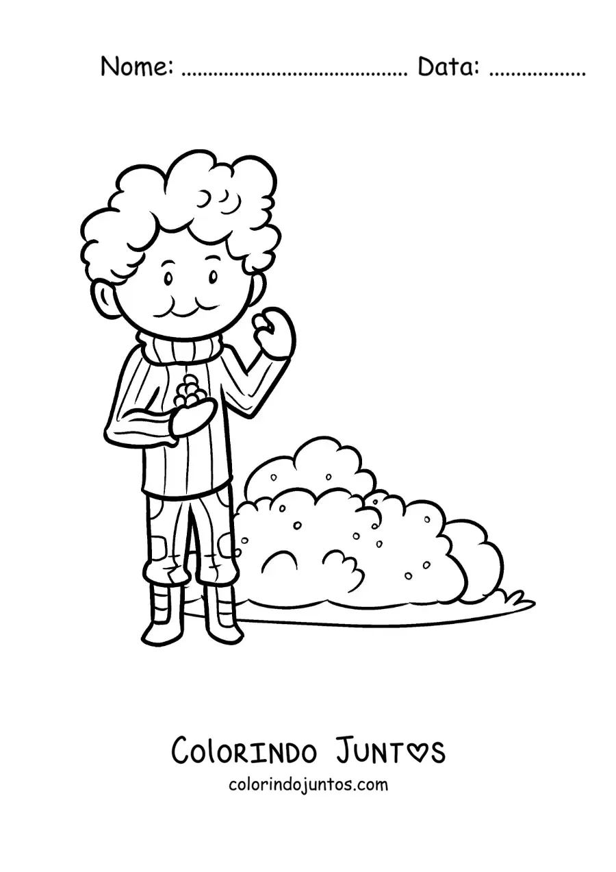 Desenho para colorir de um menino colhendo amoras de um arbusto em uma excursao