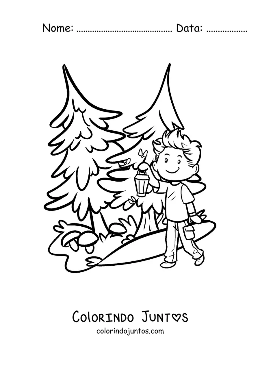 Desenho para colorir de um menino com uma lanterna na floresta em uma trilha