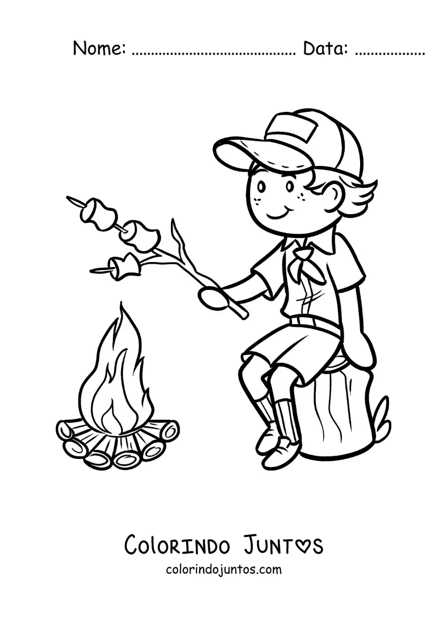 Desenho para colorir de um menino explorador assando marshmallows na fogueira